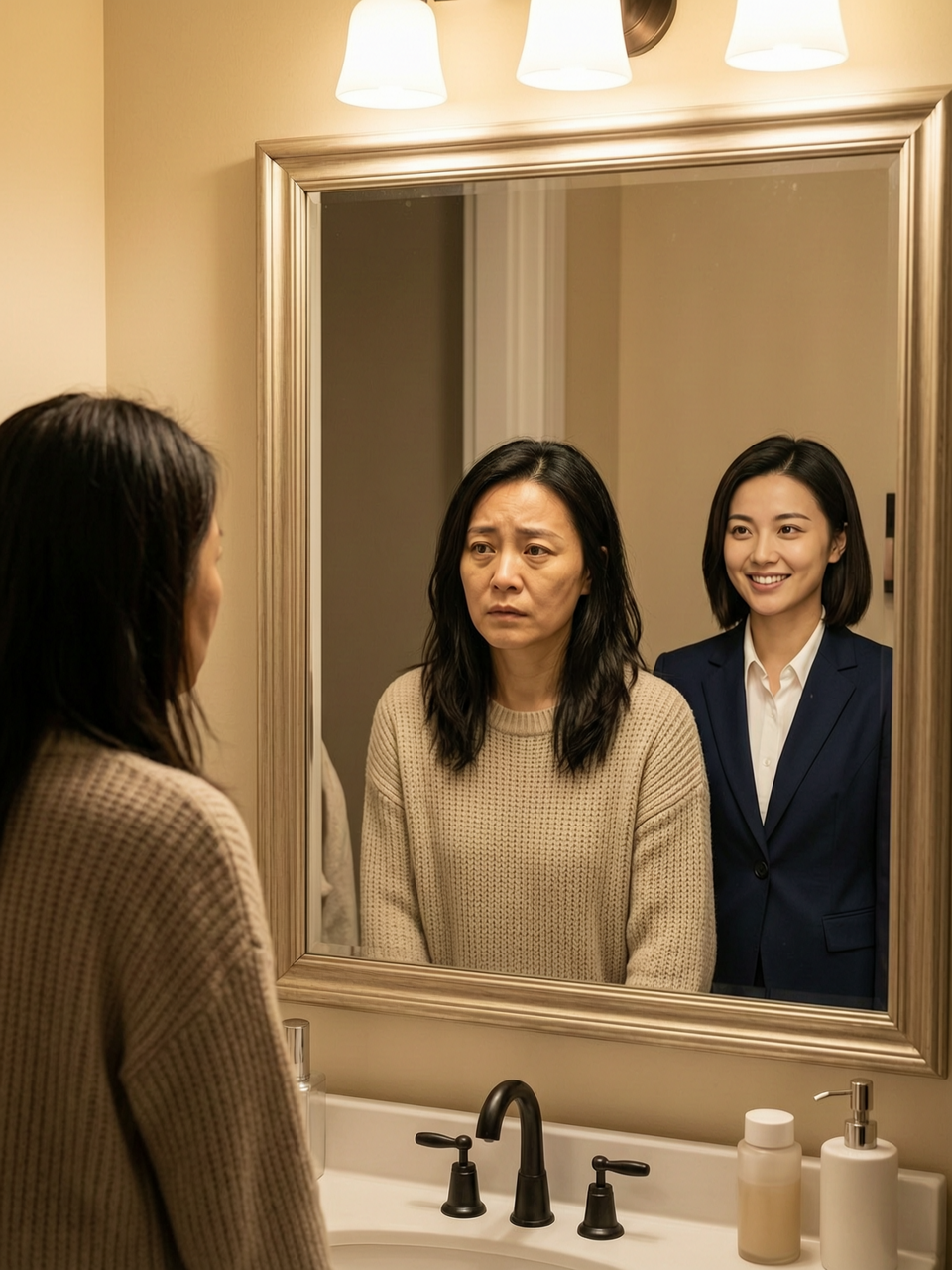 配图：一位女性对着化妆镜，镜中映出两个影子——一边是疲态的现在的她，一边是十年前意气风发的职场新人